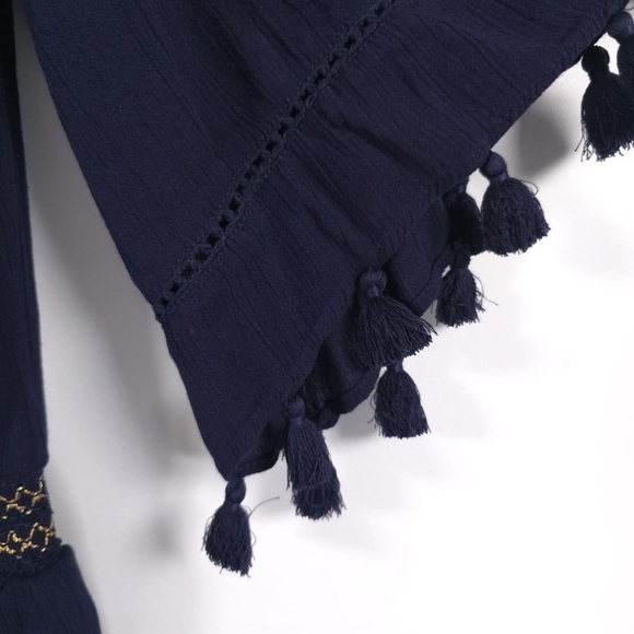 Lilly Pulitzer Joelle Off Shoulder True Navy Gold Gauze Mini Dress Fringe MEDIUM - Picture 10 of 16